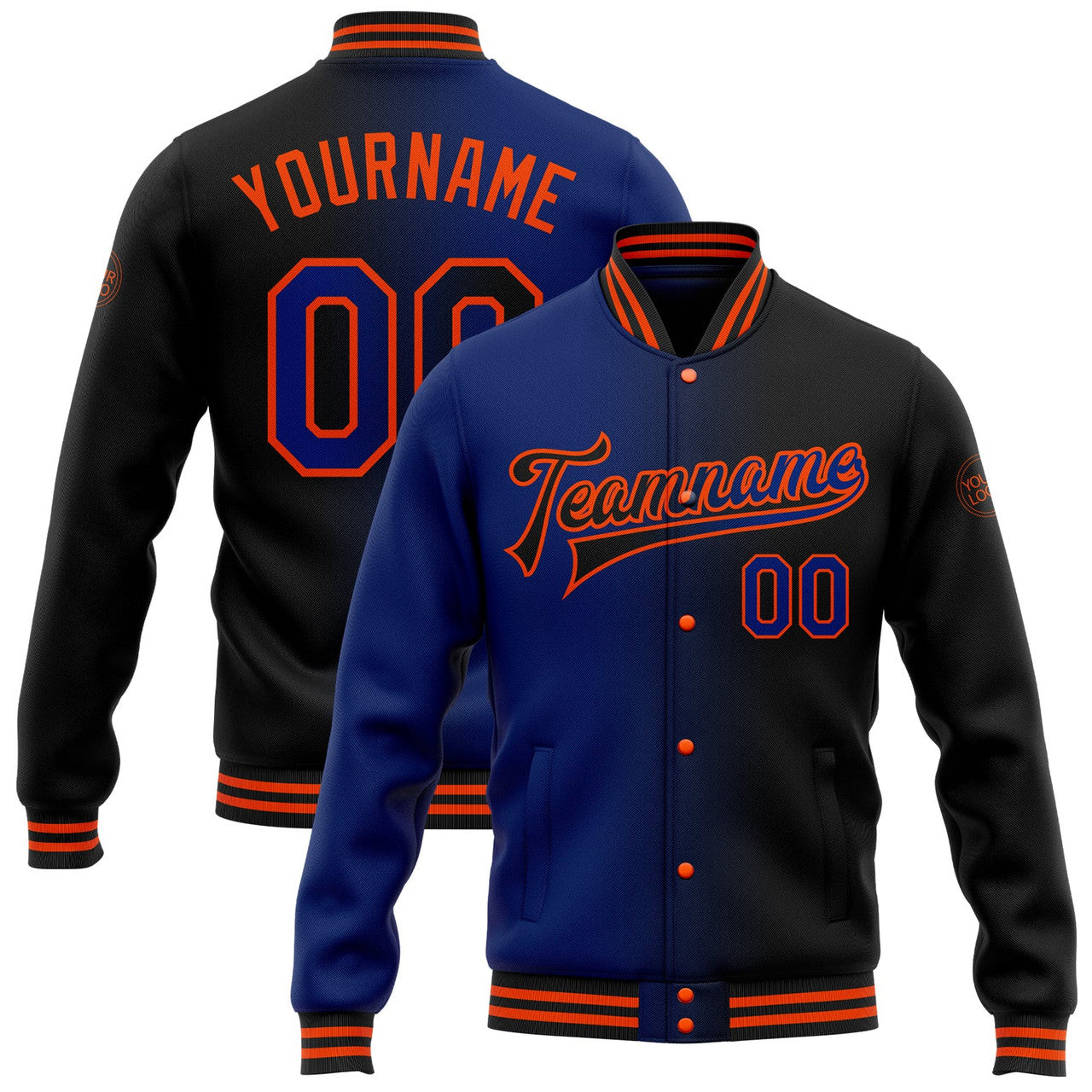 FUNSTUFFPRINT Custom Black Royal-Orange Bomber Full-Snap Varsity Letterman Gradient Fashion Jacket 3D Baseball Jacket