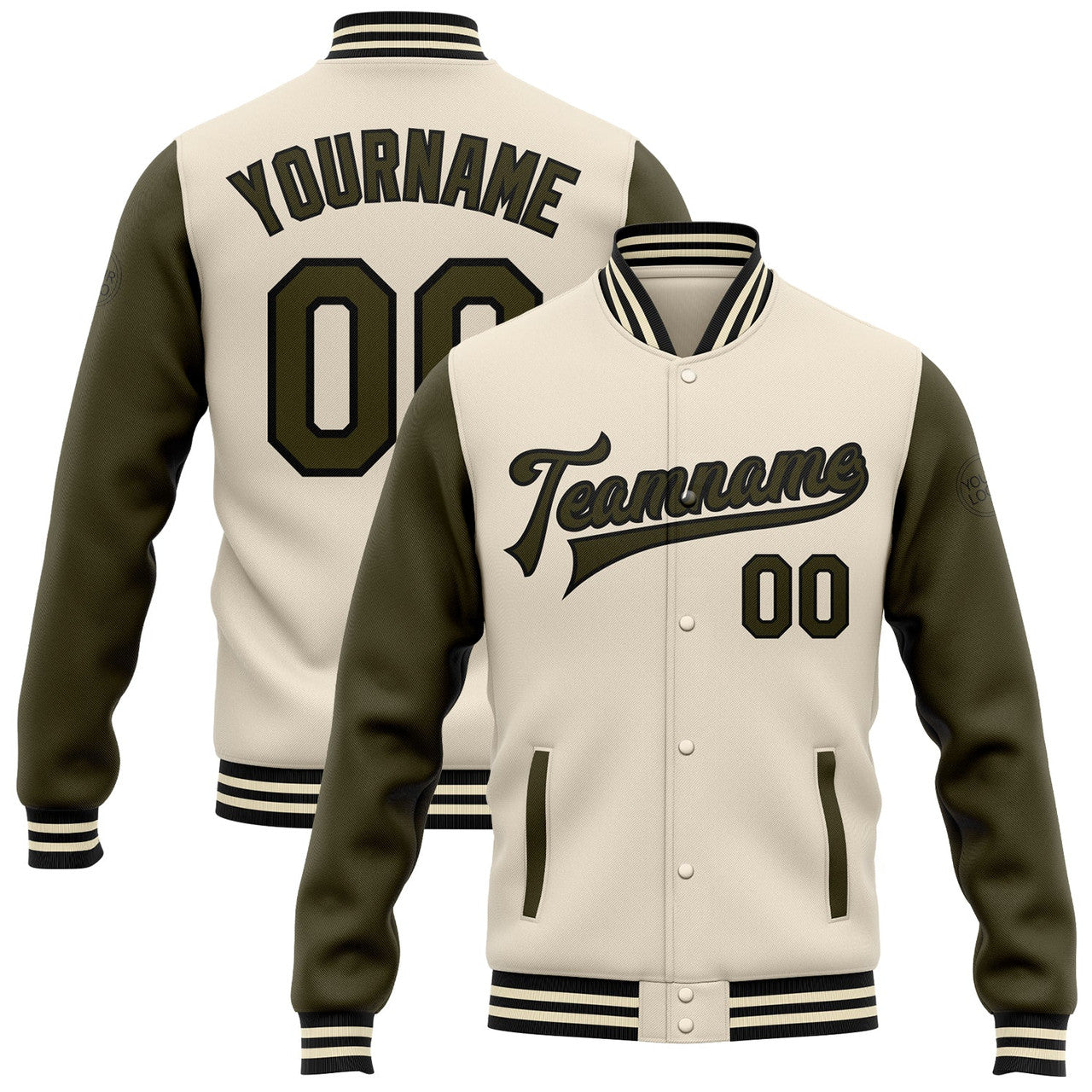 FUNSTUFFPRINT Custom Cream Olive-Black Bomber Full-Snap Varsity Letterman Two Tone Jacket 3D Baseball Jacket