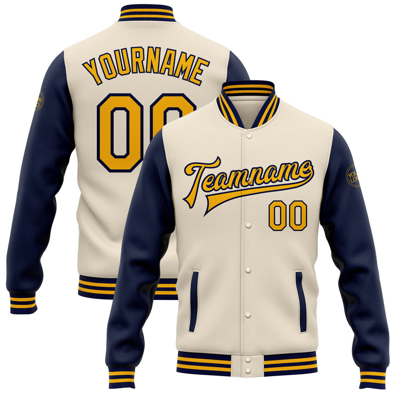 FUNSTUFFPRINT Custom Cream Gold-Navy Bomber Full-Snap Varsity Letterman Two Tone Jacket 3D Baseball Jacket