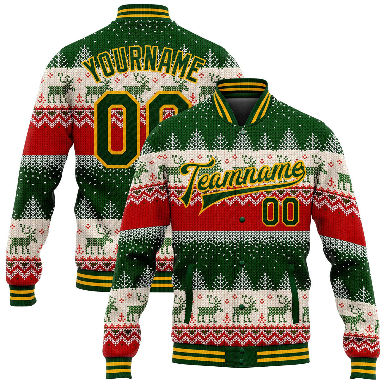 FUNSTUFFPRINT Custom Green Gold Christmas Reindeers 3D Bomber Full-Snap Varsity Letterman Jacket 3D Baseball Jacket