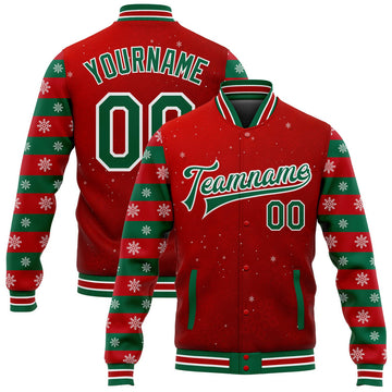 FUNSTUFFPRINT Custom Red Kelly Green-White Christmas 3D Bomber Full-Snap Varsity Letterman Jacket 3D Baseball Jacket
