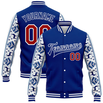 FUNSTUFFPRINT Custom Royal Red-White Christmas 3D Bomber Full-Snap Varsity Letterman Jacket 3D Baseball Jacket