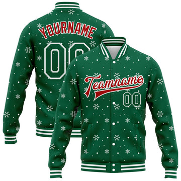 FUNSTUFFPRINT Custom Kelly Green Red-White Christmas 3D Bomber Full-Snap Varsity Letterman Jacket 3D Baseball Jacket