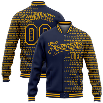 FUNSTUFFPRINT Custom Navy Gold Halftone 3D Pattern Design Bomber Full-Snap Varsity Letterman Jacket 3D Baseball Jacket
