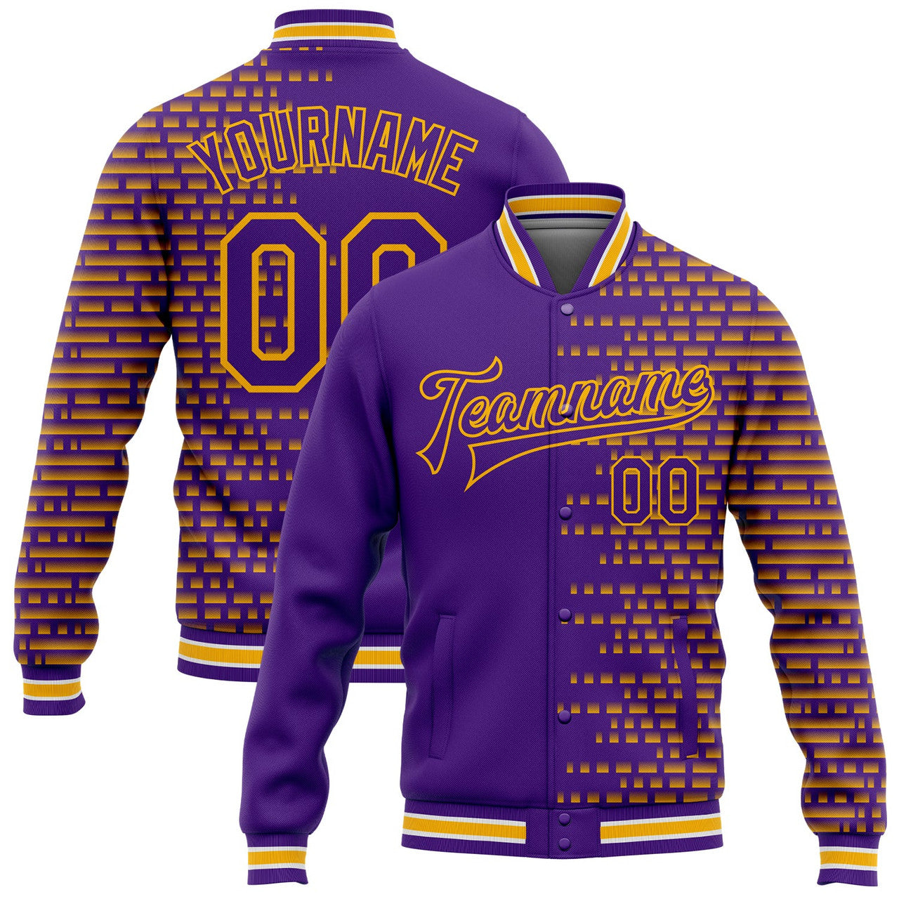 FUNSTUFFPRINT Custom Purple Gold-White Halftone 3D Pattern Design Bomber Full-Snap Varsity Letterman Jacket 3D Baseball Jacket