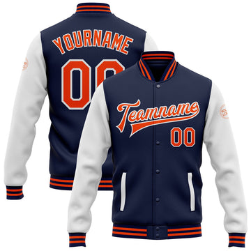 FUNSTUFFPRINT Custom Navy Orange-White Bomber Full-Snap Varsity Letterman Two Tone Jacket 3D Baseball Jacket