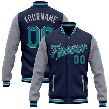 FUNSTUFFPRINT Custom Navy Teal-Gray Bomber Full-Snap Varsity Letterman Two Tone Jacket 3D Baseball Jacket