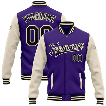 FUNSTUFFPRINT Custom Purple Black-Cream Bomber Full-Snap Varsity Letterman Two Tone Jacket 3D Baseball Jacket