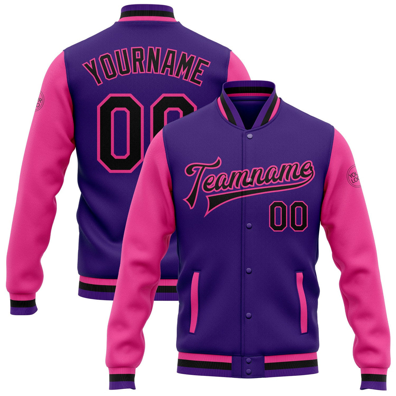 FUNSTUFFPRINT Custom Purple Black-Pink Bomber Full-Snap Varsity Letterman Two Tone Jacket 3D Baseball Jacket