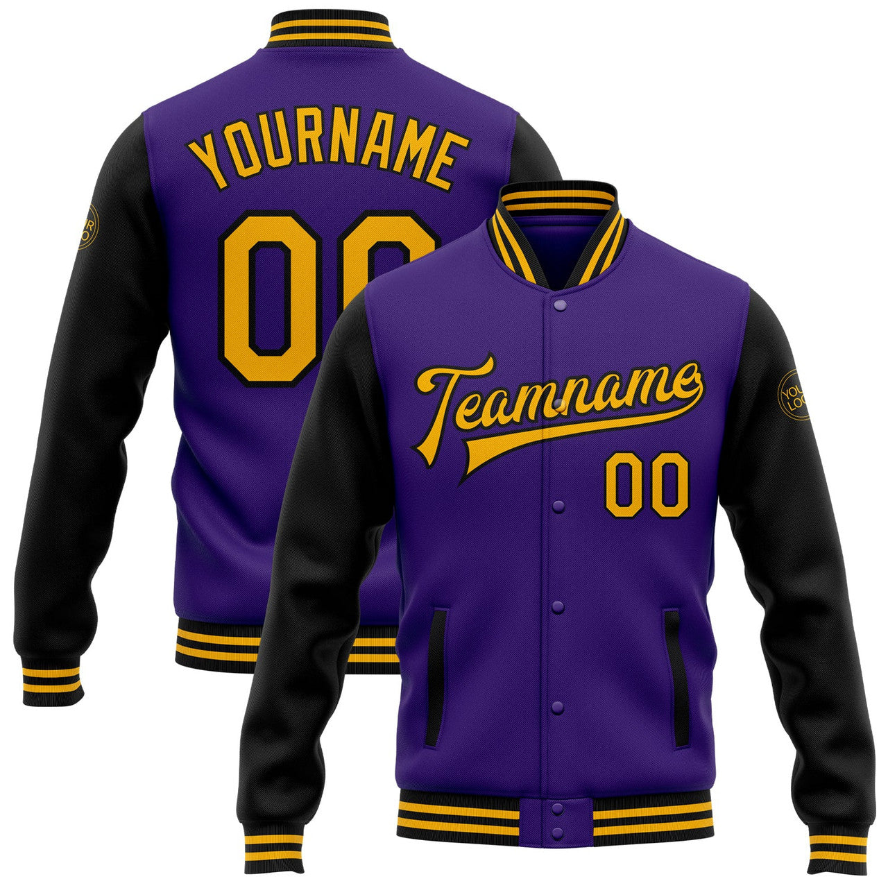 FUNSTUFFPRINT Custom Purple Gold-Black Bomber Full-Snap Varsity Letterman Two Tone Jacket 3D Baseball Jacket