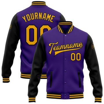 FUNSTUFFPRINT Custom Purple Gold-Black Bomber Full-Snap Varsity Letterman Two Tone Jacket 3D Baseball Jacket