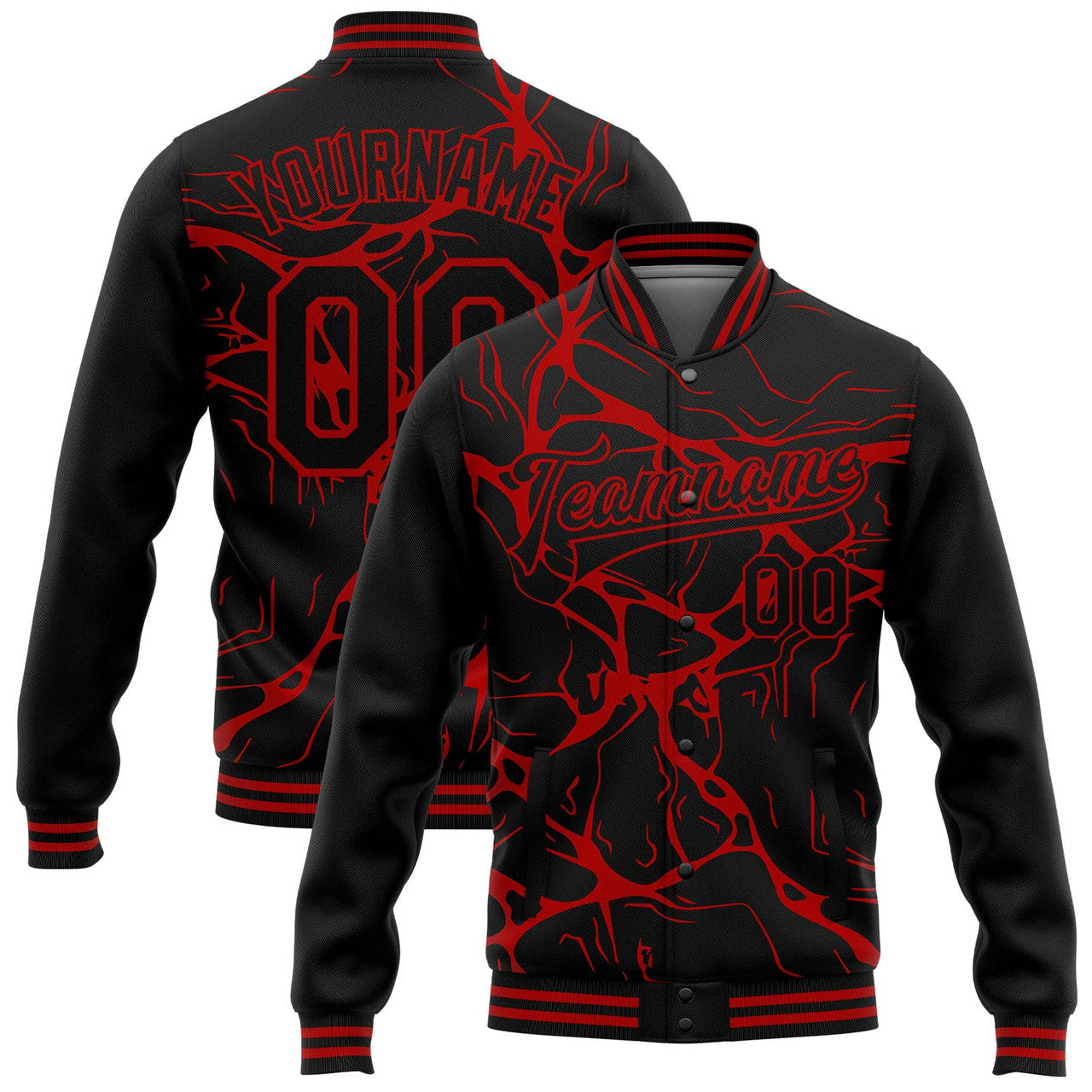 FUNSTUFFPRINT Custom Black Red Abstract Network 3D Pattern Design Bomber Full-Snap Varsity Letterman Jacket 3D Baseball Jacket