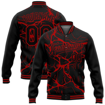 FUNSTUFFPRINT Custom Black Red Abstract Network 3D Pattern Design Bomber Full-Snap Varsity Letterman Jacket 3D Baseball Jacket