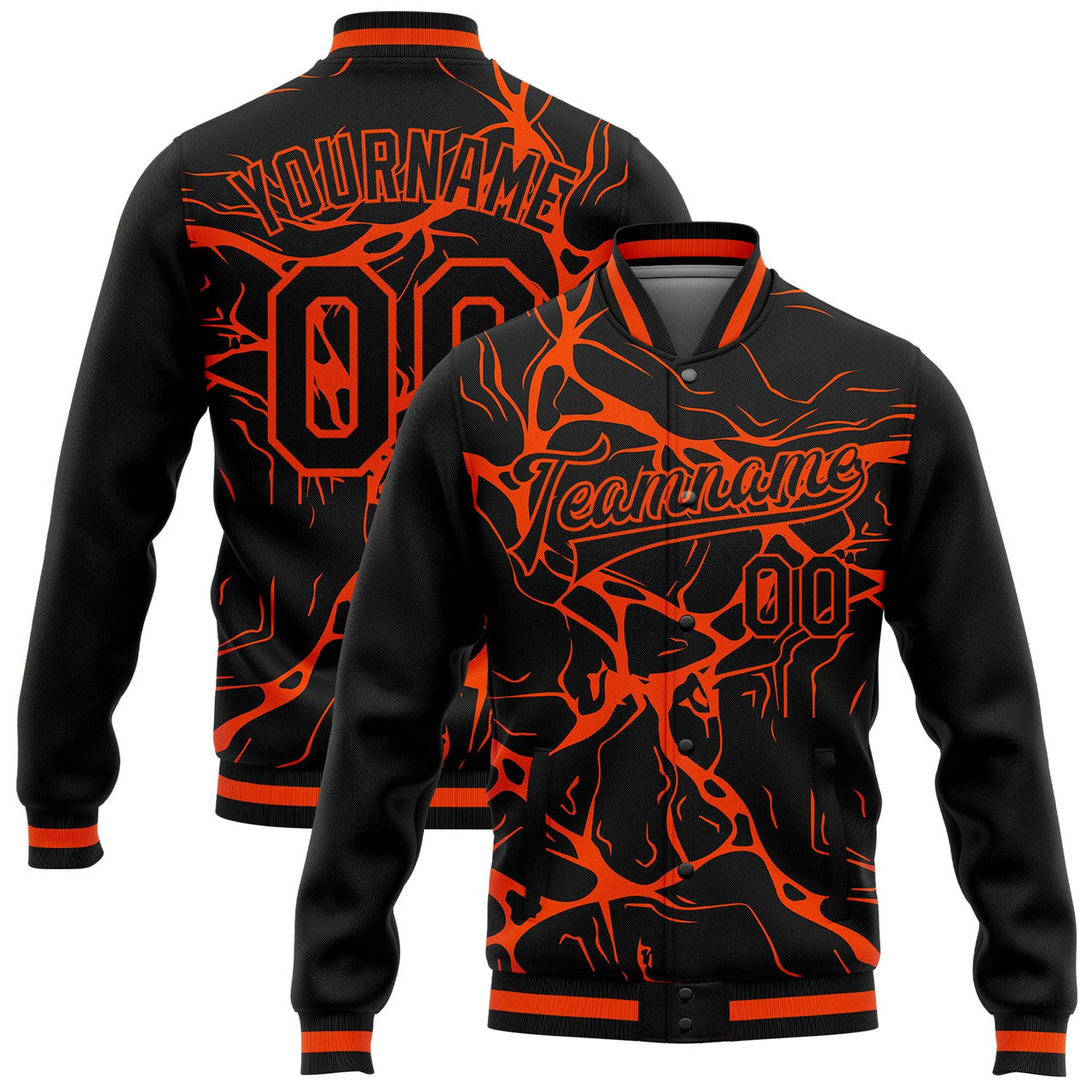 FUNSTUFFPRINT Custom Black Orange Abstract Network 3D Pattern Design Bomber Full-Snap Varsity Letterman Jacket 3D Baseball Jacket