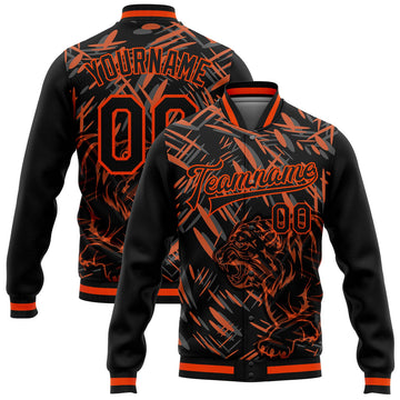 FUNSTUFFPRINT Custom Black Orange Tiger 3D Pattern Design Bomber Full-Snap Varsity Letterman Jacket 3D Baseball Jacket