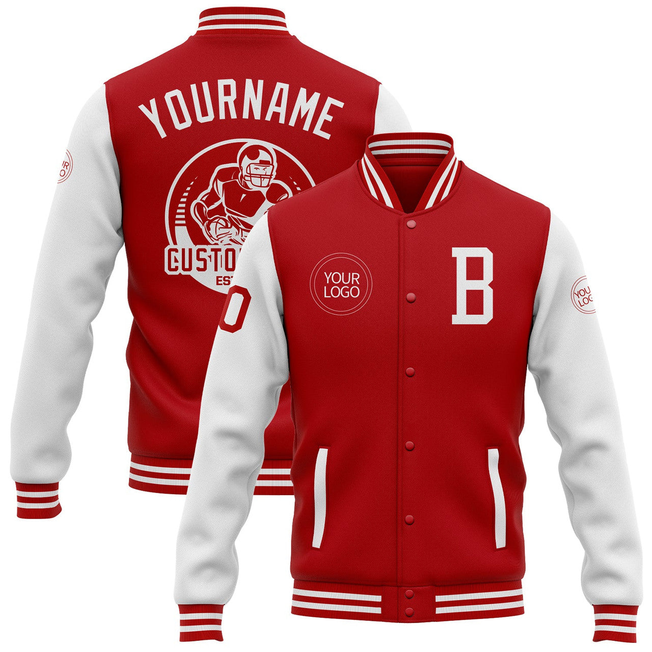 FUNSTUFFPRINT Custom Red White Bomber Full-Snap Varsity Letterman Two Tone Jacket 3D Baseball Jacket