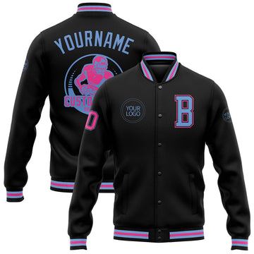 FUNSTUFFPRINT Custom Black Light Blue-Pink Bomber Full-Snap Varsity Letterman Jacket 3D Baseball Jacket