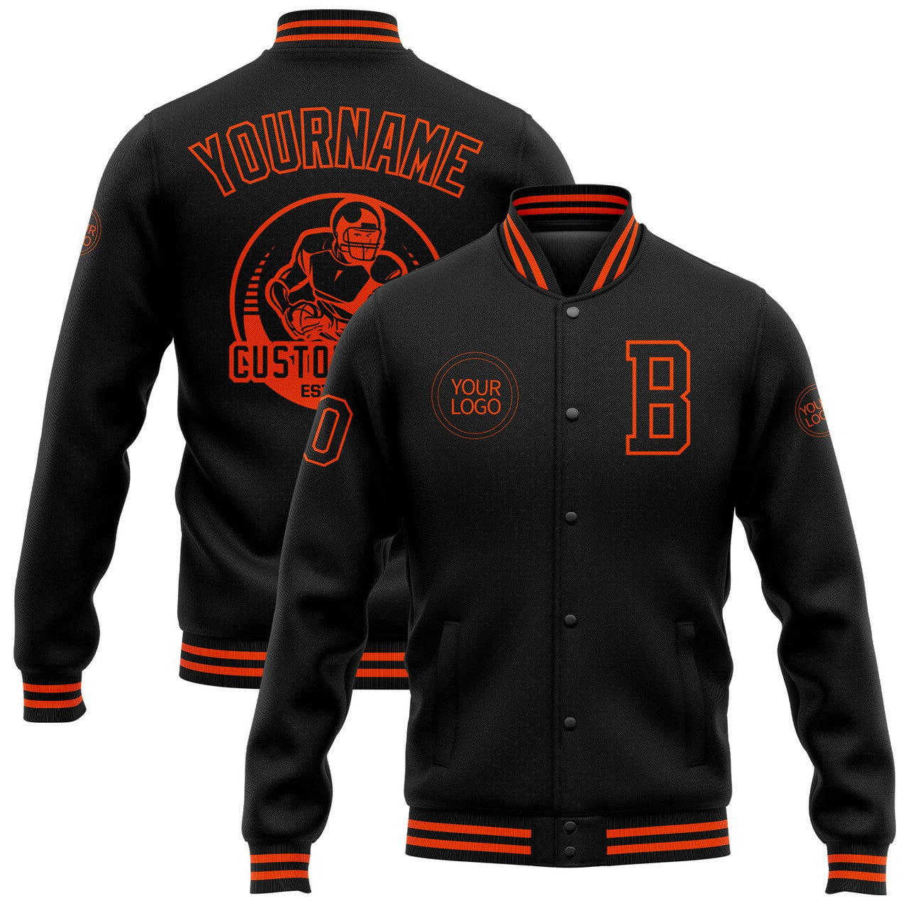 FUNSTUFFPRINT Custom Black Orange Bomber Full-Snap Varsity Letterman Jacket 3D Baseball Jacket