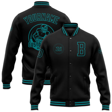 FUNSTUFFPRINT Custom Black Teal Bomber Full-Snap Varsity Letterman Jacket 3D Baseball Jacket