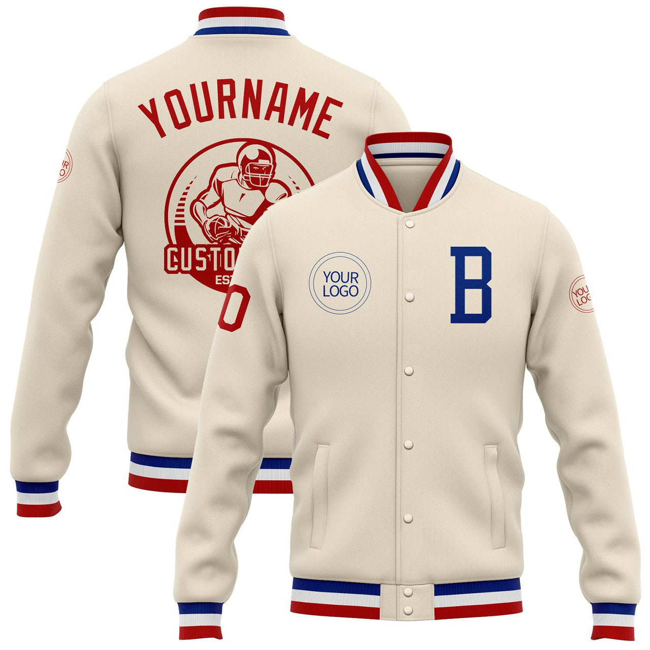 FUNSTUFFPRINT Custom Cream Royal-Red Bomber Full-Snap Varsity Letterman Jacket 3D Baseball Jacket