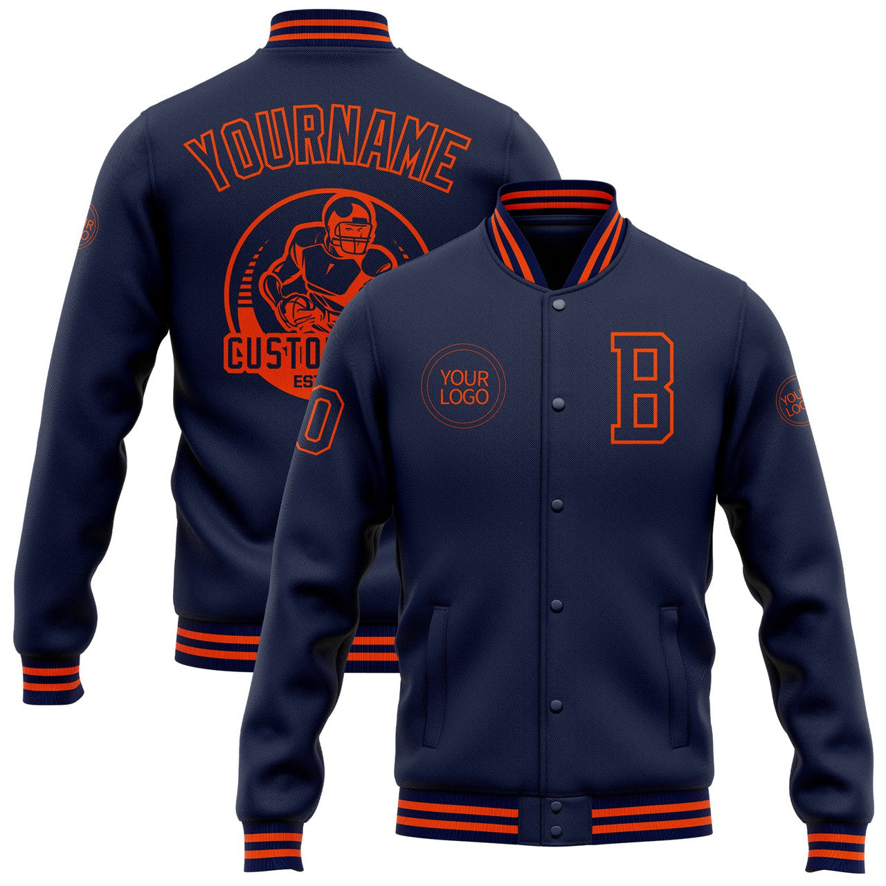 FUNSTUFFPRINT Custom Navy Orange Bomber Full-Snap Varsity Letterman Jacket 3D Baseball Jacket
