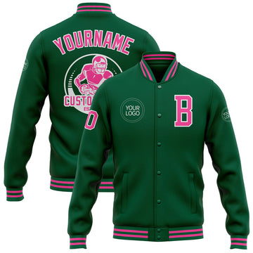 FUNSTUFFPRINT Custom Kelly Green Pink-White Bomber Full-Snap Varsity Letterman Jacket 3D Baseball Jacket