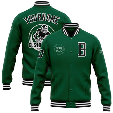 FUNSTUFFPRINT Custom Kelly Green Black-White Bomber Full-Snap Varsity Letterman Jacket 3D Baseball Jacket