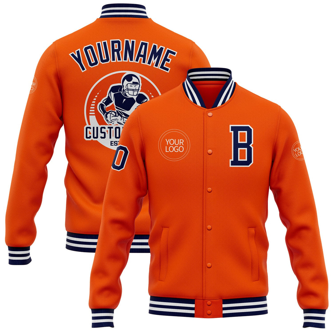 FUNSTUFFPRINT Custom Orange Navy-White Bomber Full-Snap Varsity Letterman Jacket 3D Baseball Jacket