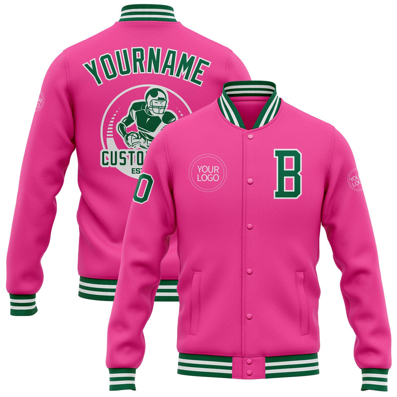 FUNSTUFFPRINT Custom Pink Kelly Green-White Bomber Full-Snap Varsity Letterman Jacket 3D Baseball Jacket