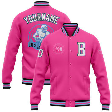 FUNSTUFFPRINT Custom Pink White Light Blue-Black Bomber Full-Snap Varsity Letterman Jacket 3D Baseball Jacket