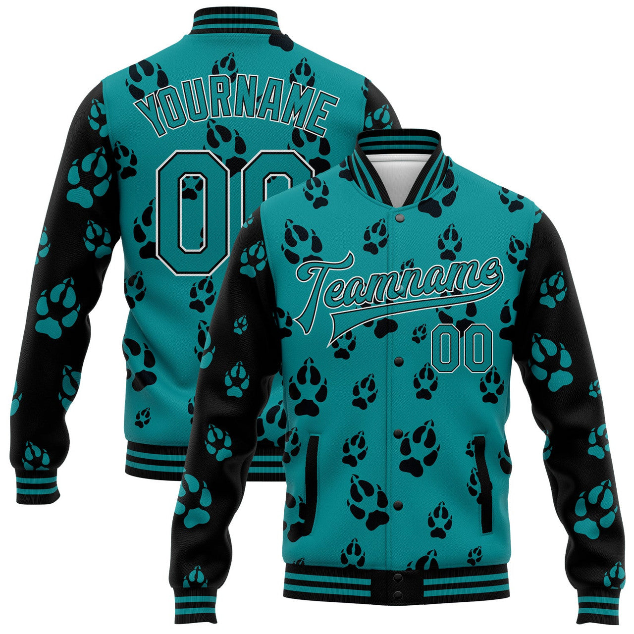FUNSTUFFPRINT Custom Teal Black-White Wolf 3D Pattern Design Bomber Full-Snap Varsity Letterman Jacket 3D Baseball Jacket