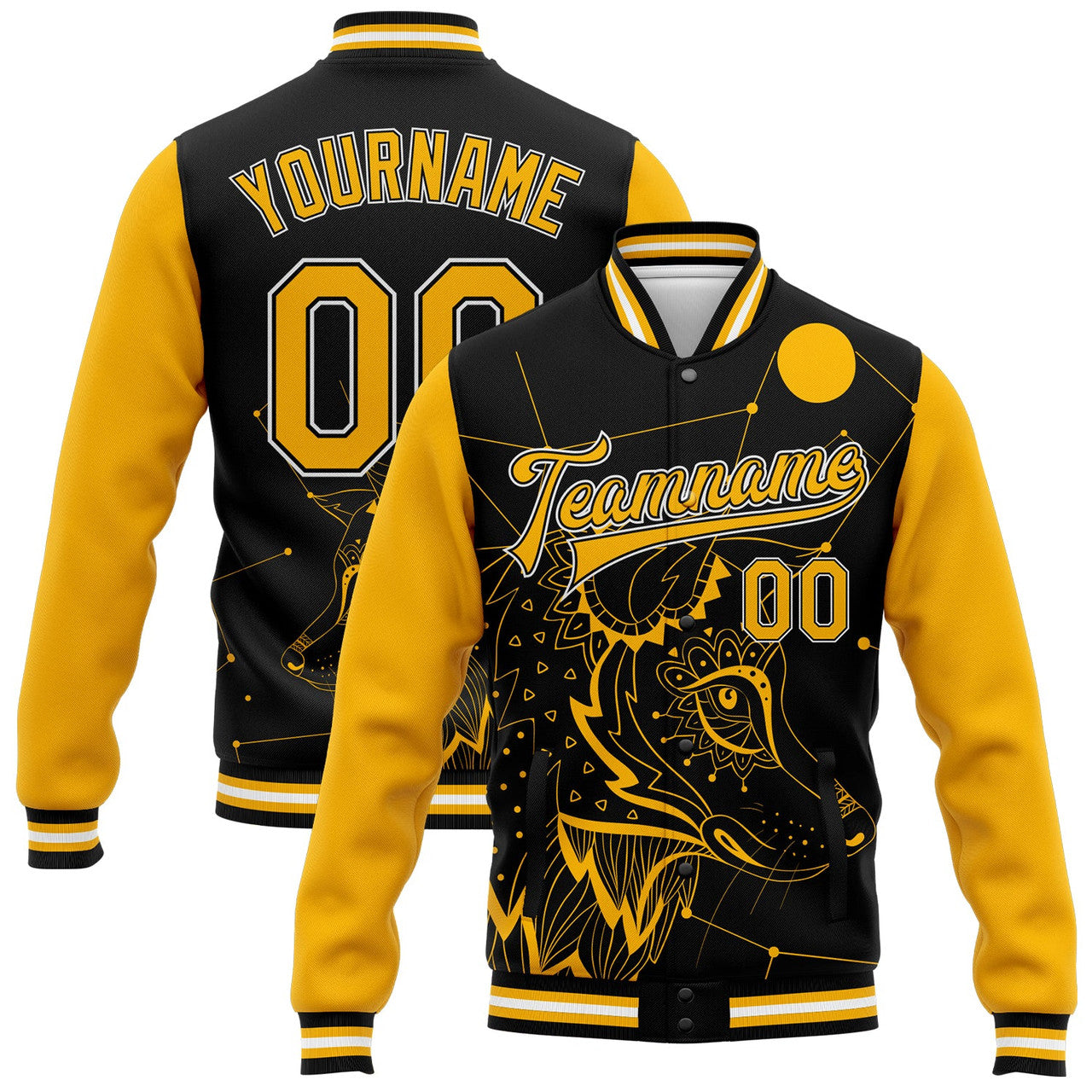 FUNSTUFFPRINT Custom Black Gold-White Wolf 3D Pattern Design Bomber Full-Snap Varsity Letterman Jacket 3D Baseball Jacket