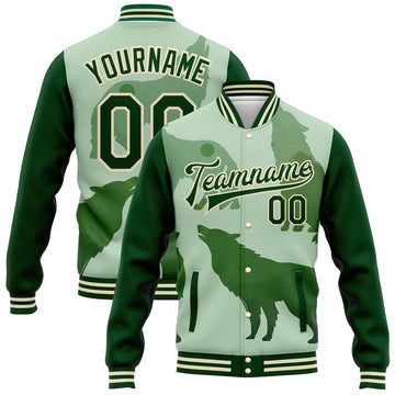 FUNSTUFFPRINT Custom Green Cream Wolf 3D Pattern Design Bomber Full-Snap Varsity Letterman Jacket 3D Baseball Jacket