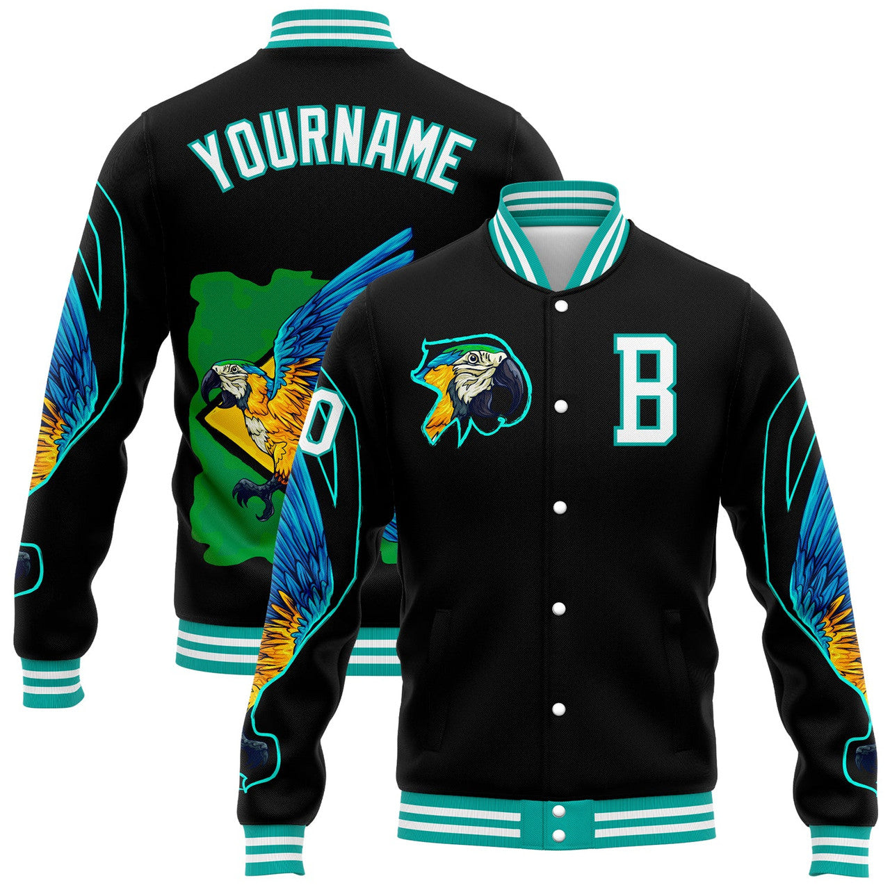 FUNSTUFFPRINT Custom Black White-Aqua Parrot 3D Pattern Design Bomber Full-Snap Varsity Letterman Jacket 3D Baseball Jacket
