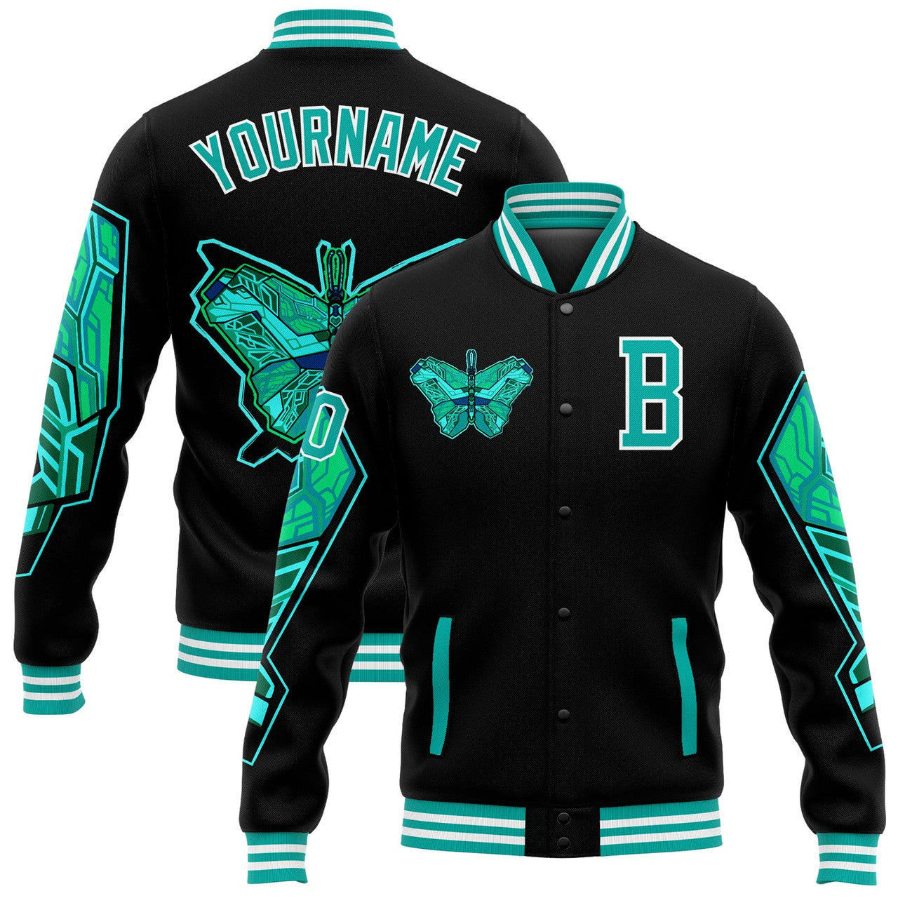 FUNSTUFFPRINT Custom Black Aqua-White Butterfly 3D Pattern Design Bomber Full-Snap Varsity Letterman Jacket 3D Baseball Jacket