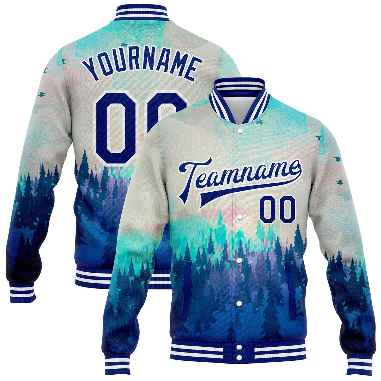 FUNSTUFFPRINT Custom Royal White Daylight Forest 3D Pattern Design Bomber Full-Snap Varsity Letterman Jacket 3D Baseball Jacket