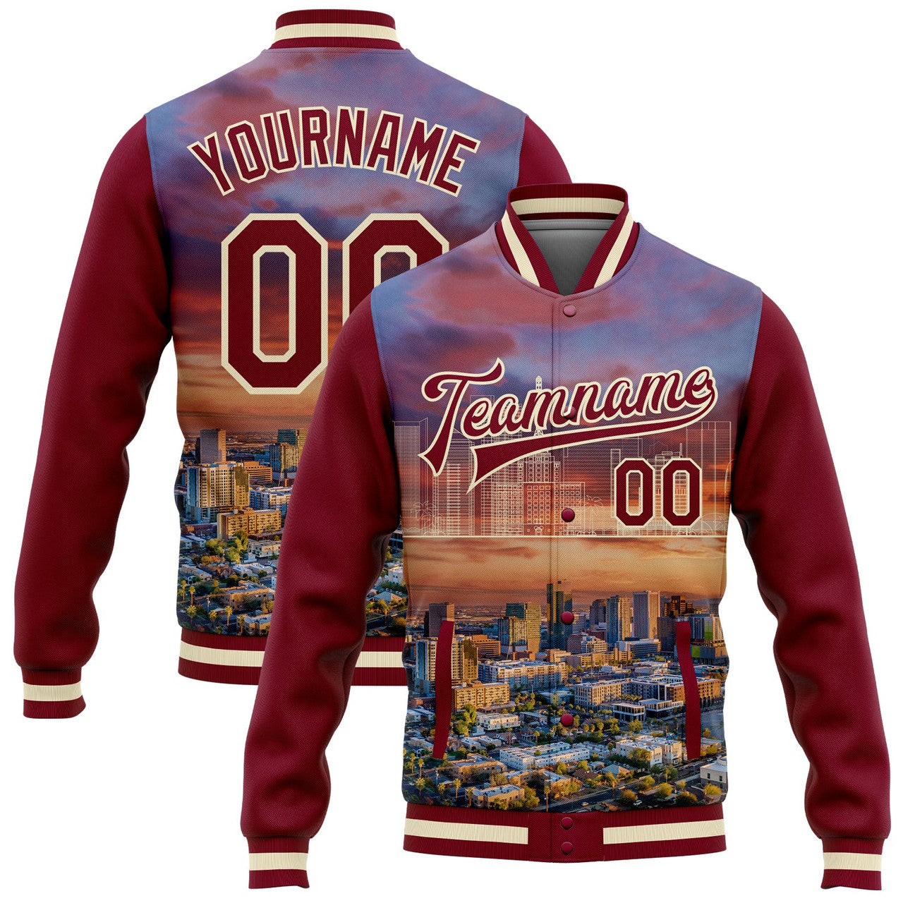 FUNSTUFFPRINT Custom Maroon Cream Phoenix Arizona City Edition 3D Bomber Full-Snap Varsity Letterman Jacket 3D Baseball Jacket