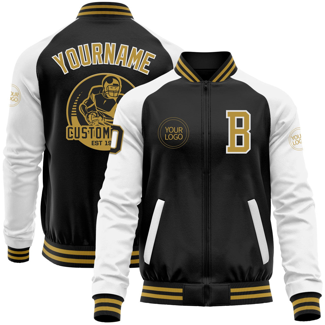 FUNSTUFFPRINT Custom Black Old Gold-White Bomber Varsity Letterman Two Tone Zipper Jacket 3D Baseball Jacket