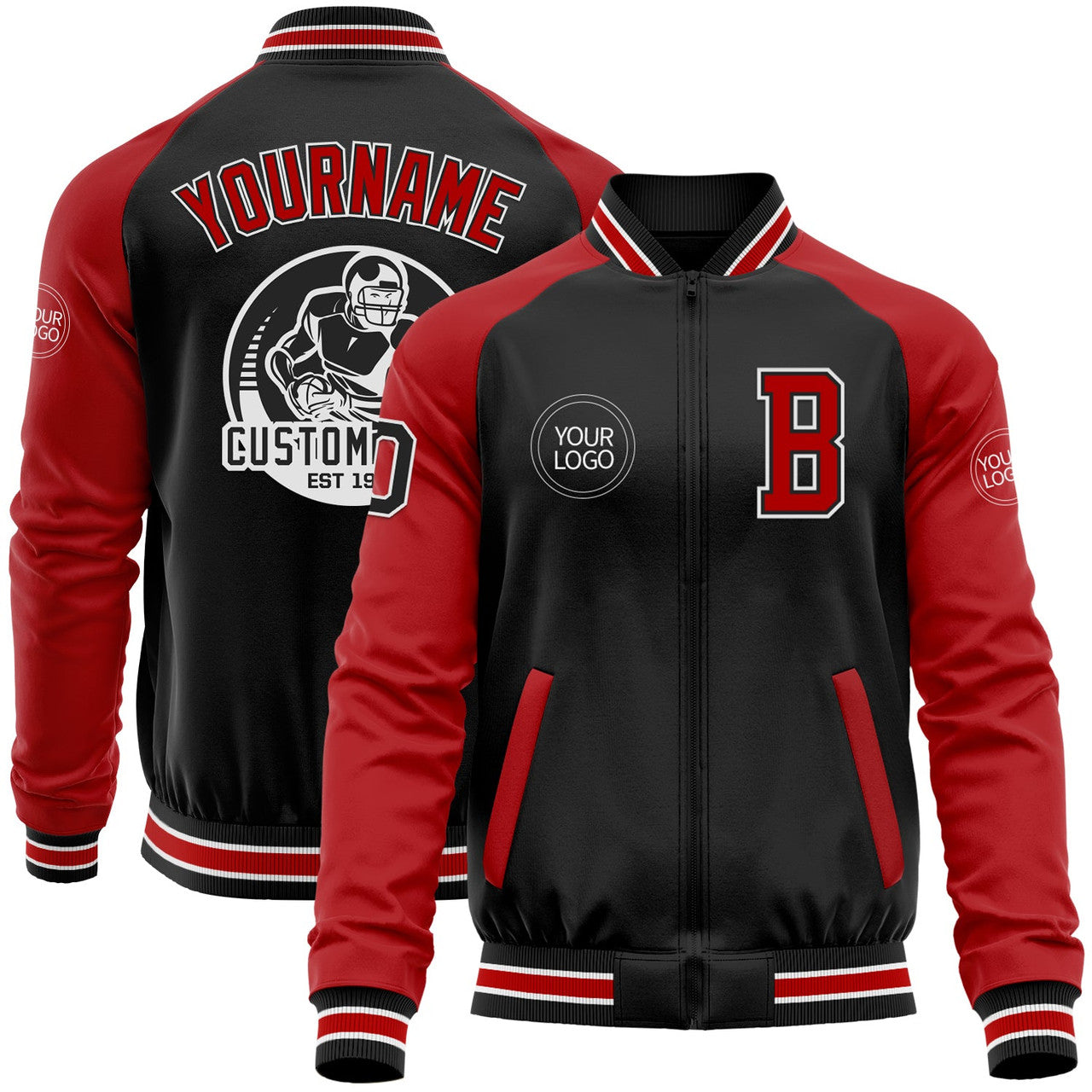 FUNSTUFFPRINT Custom Black Red-White Bomber Varsity Letterman Two Tone Zipper Jacket 3D Baseball Jacket
