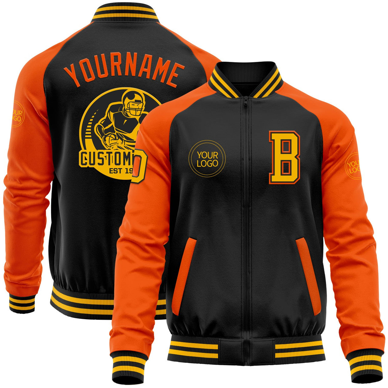 FUNSTUFFPRINT Custom Black Gold-Orange Bomber Varsity Letterman Two Tone Zipper Jacket 3D Baseball Jacket