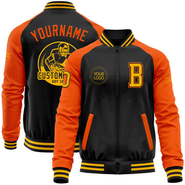 FUNSTUFFPRINT Custom Black Gold-Orange Bomber Varsity Letterman Two Tone Zipper Jacket 3D Baseball Jacket