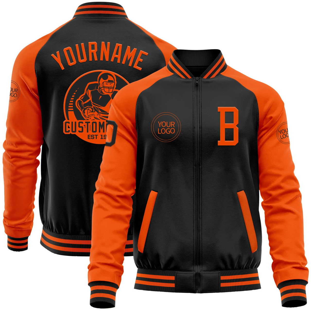 FUNSTUFFPRINT Custom Black Orange Bomber Varsity Letterman Two Tone Zipper Jacket 3D Baseball Jacket