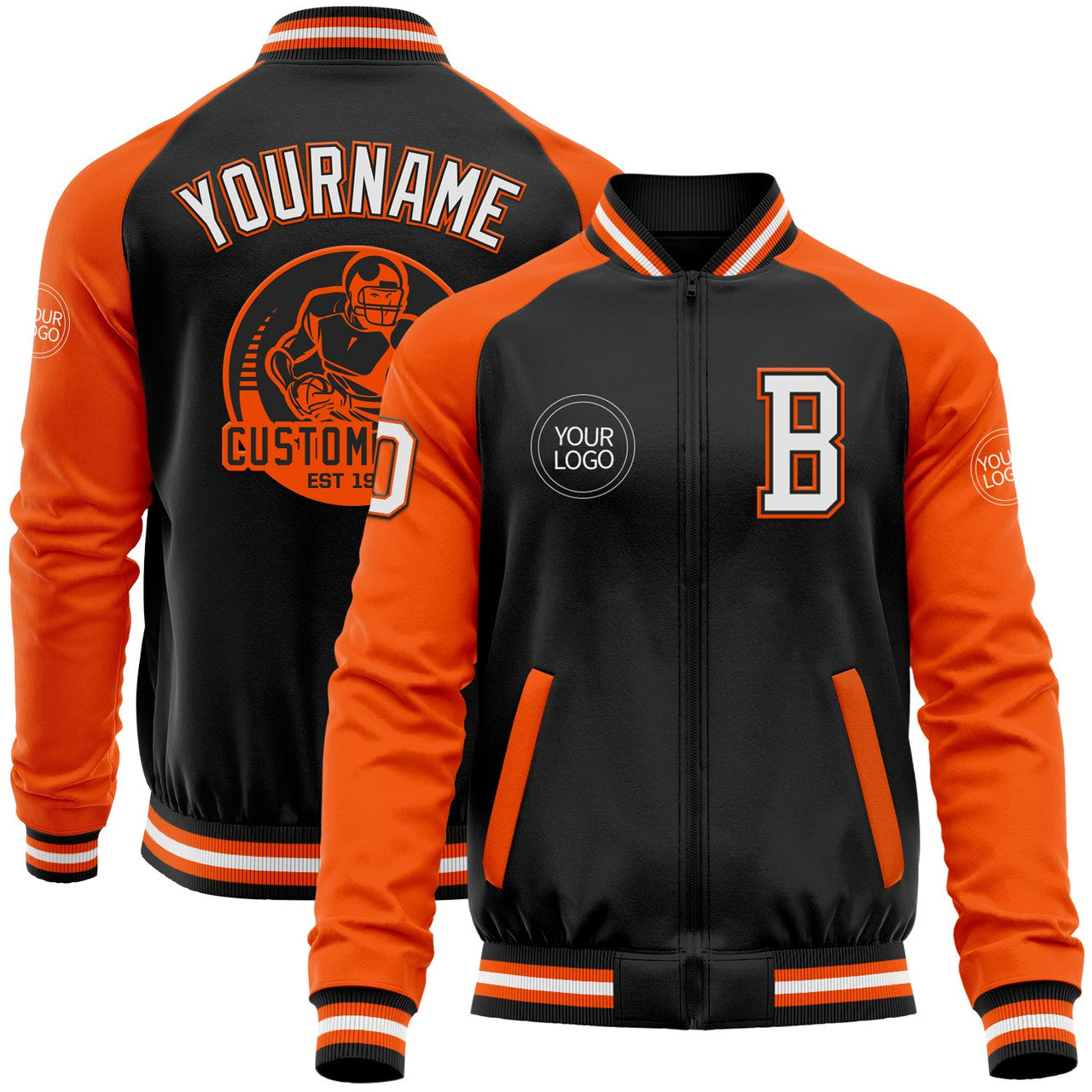 FUNSTUFFPRINT Custom Black White-Orange Bomber Varsity Letterman Two Tone Zipper Jacket 3D Baseball Jacket