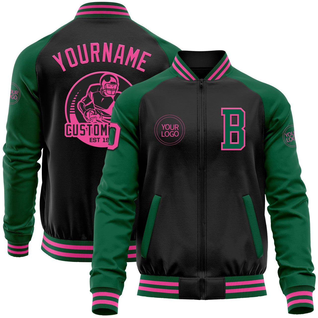 FUNSTUFFPRINT Custom Black Pink-Kelly Green Bomber Varsity Letterman Two Tone Zipper Jacket 3D Baseball Jacket
