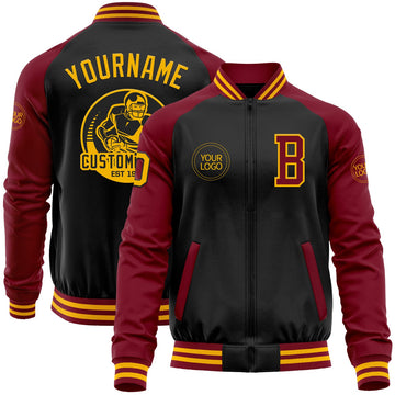FUNSTUFFPRINT Custom Black Gold-Crimson Bomber Varsity Letterman Two Tone Zipper Jacket 3D Baseball Jacket
