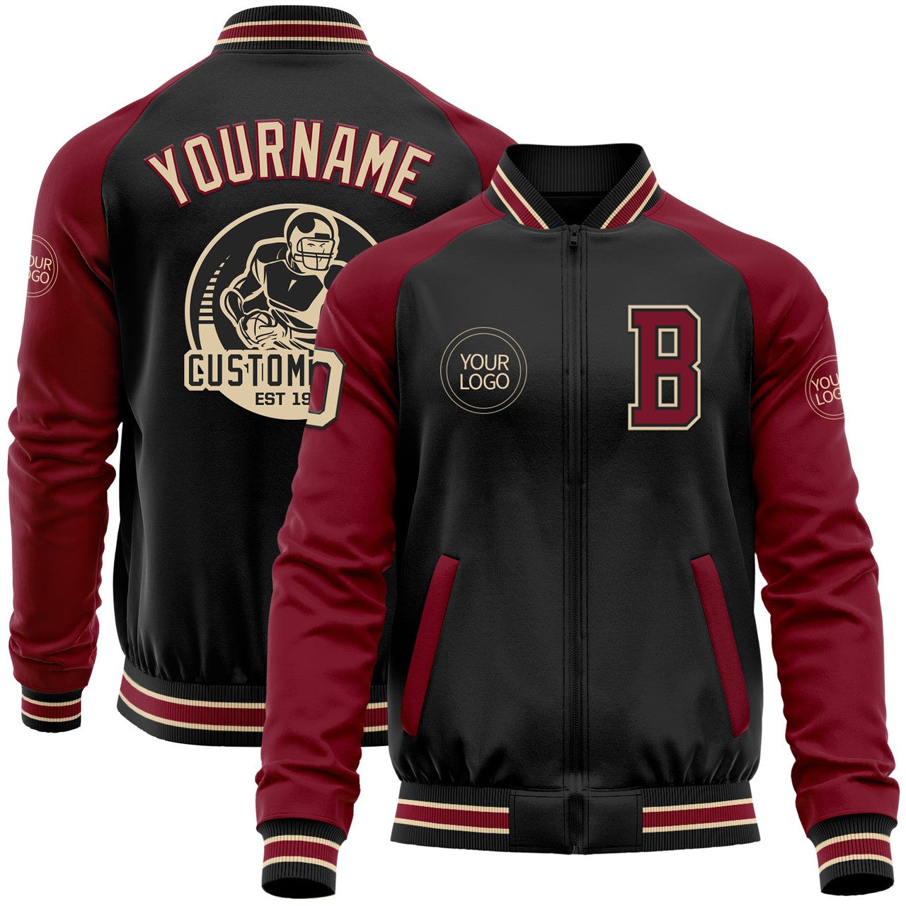 FUNSTUFFPRINT Custom Black City Cream-Crimson Bomber Varsity Letterman Two Tone Zipper Jacket 3D Baseball Jacket