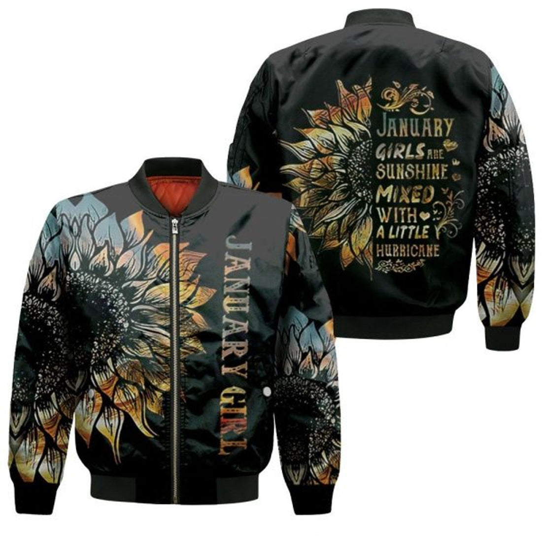 FUNSTUFFPRINTI January Girls Are Sunshine Mixed With A Little Hurricane Sunflower 3D Bomber Jacket