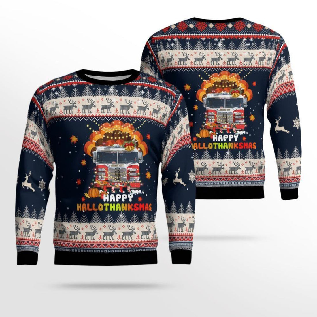 FUNSTUFFPRINT Jersey City Fire Dept Happy Hallothanksmas Ugly Christmas Sweater – Christmas Gifts For Firefighters Ugly  Sweater