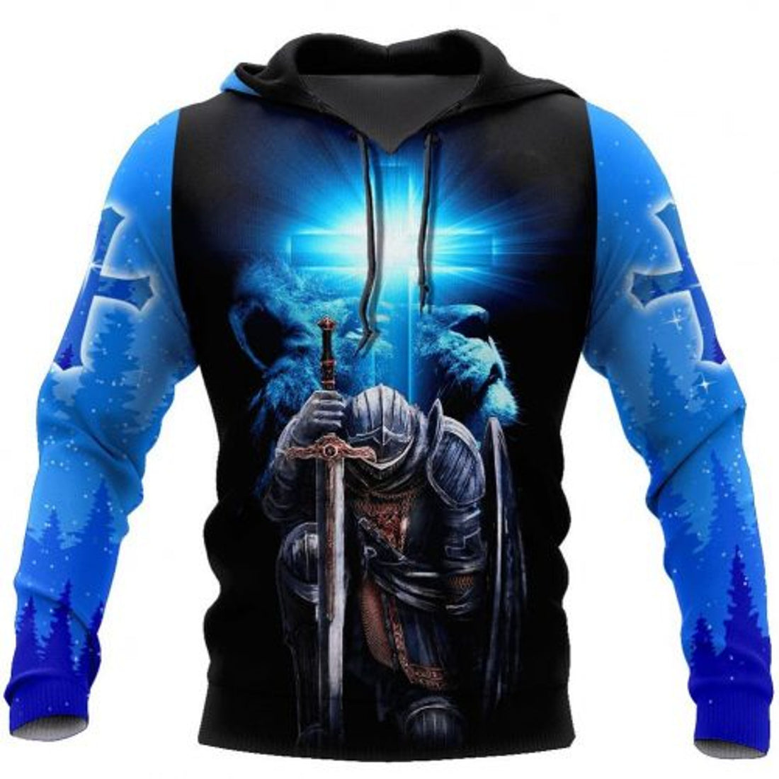 FUNSTUFFPRINT Christian All Over 3D Hoodie Child Of God A Man Of Faith Warrior Of Christ Lion Blue Cross 3D Hoodie and Zip Hoodie
