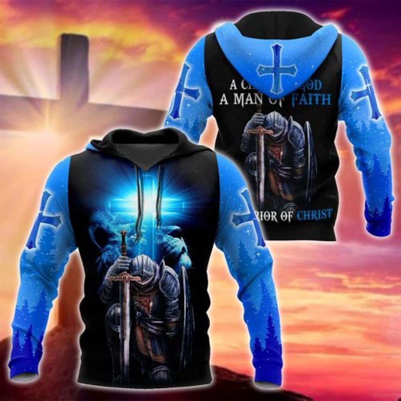FUNSTUFFPRINT Christian All Over 3D Hoodie Child Of God A Man Of Faith Warrior Of Christ Lion Blue Cross 3D Hoodie and Zip Hoodie